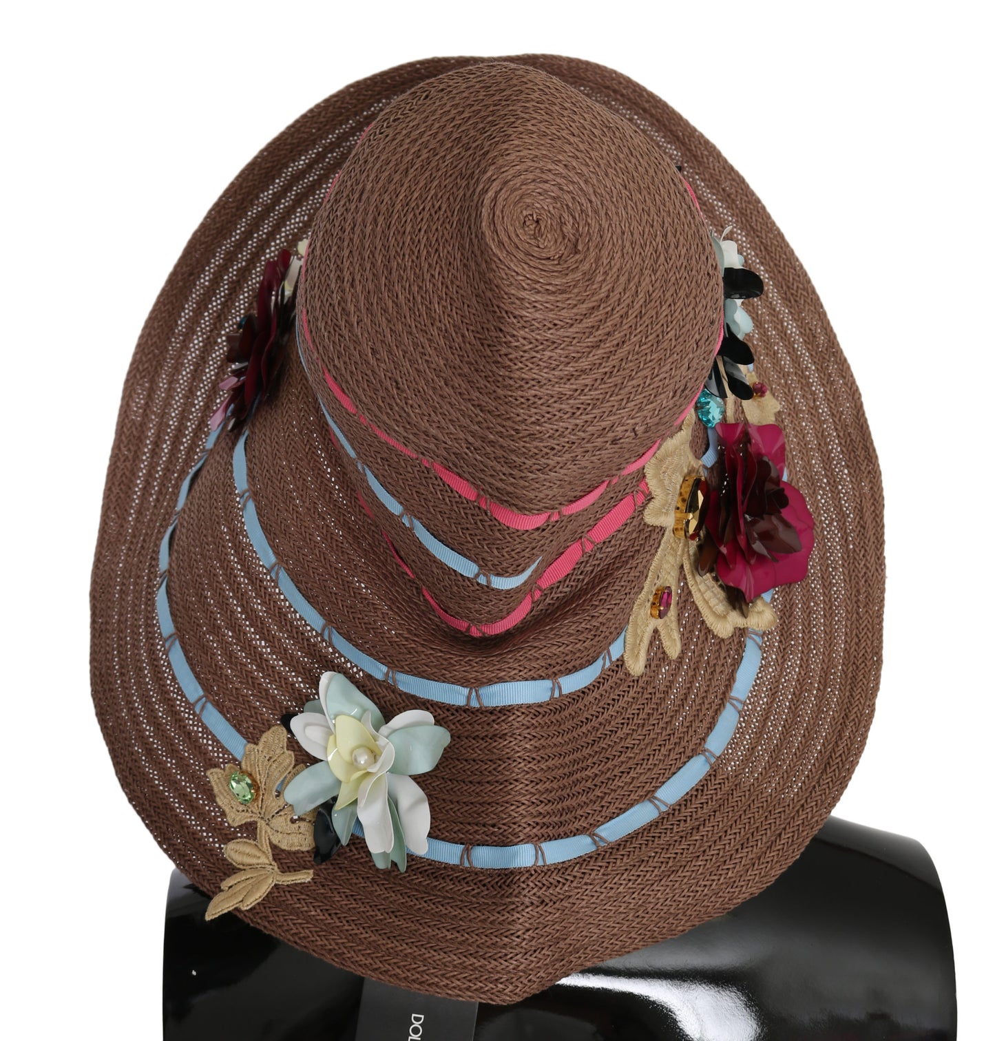 Brown Floral breite Krempe Stroh Floppy Cap Hut