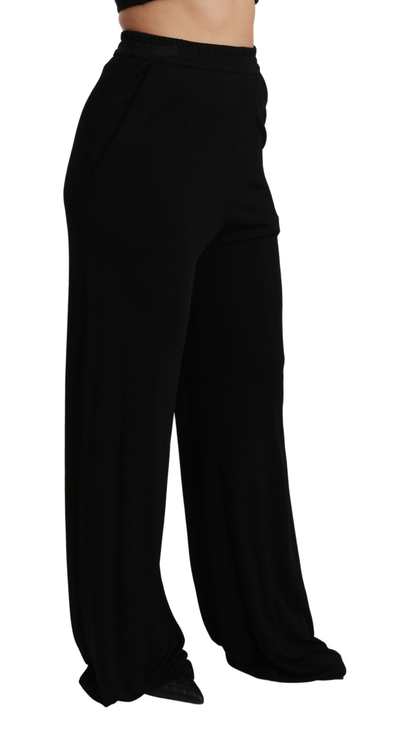 Viskose Schwarz Weites Bein Hohe Taille Hose