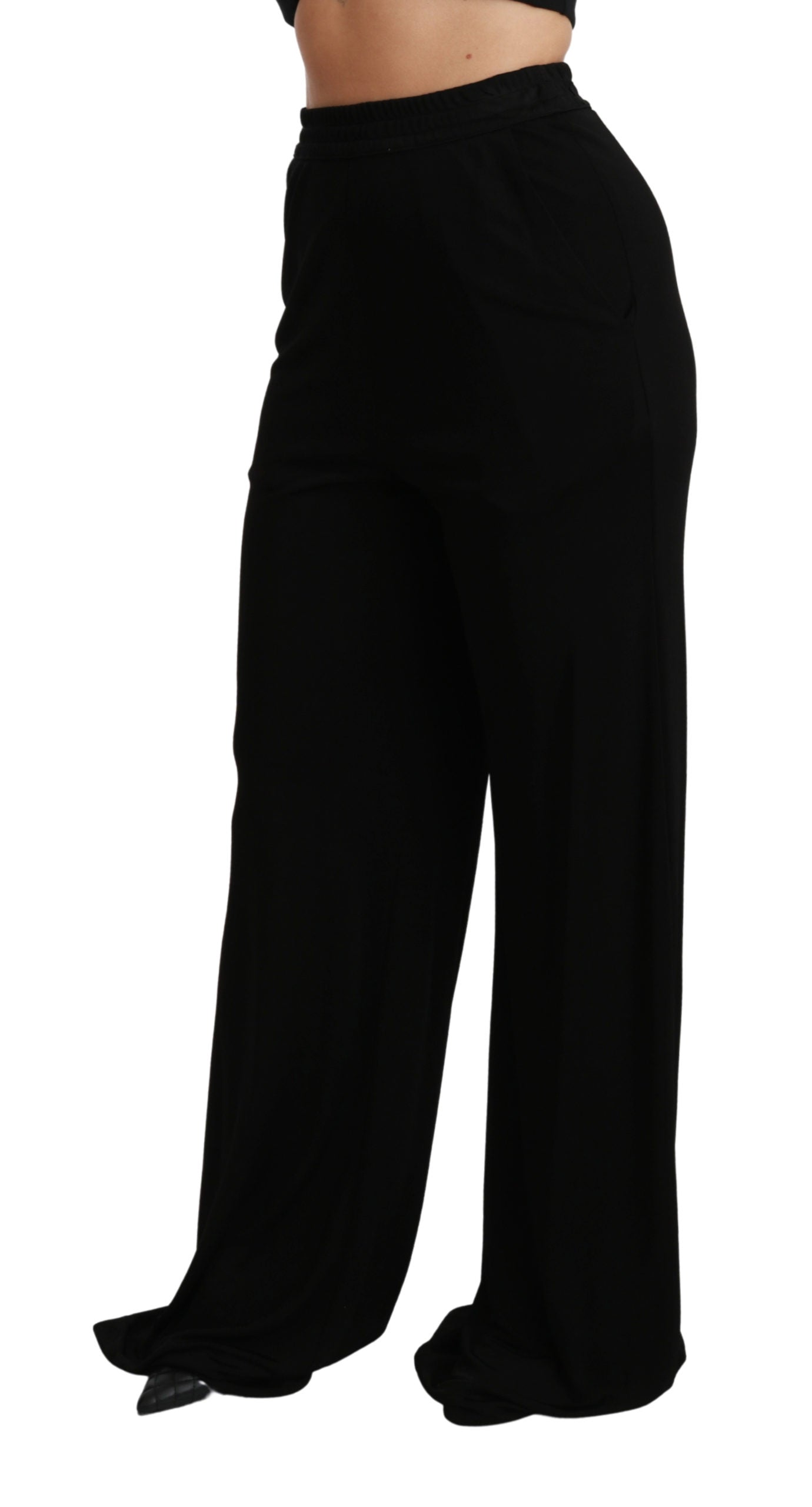 Viskose Schwarz Weites Bein Hohe Taille Hose