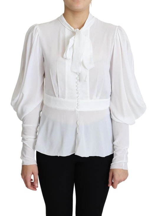 Weiße Bluse Ascot-Kragen Laternenärmel Top