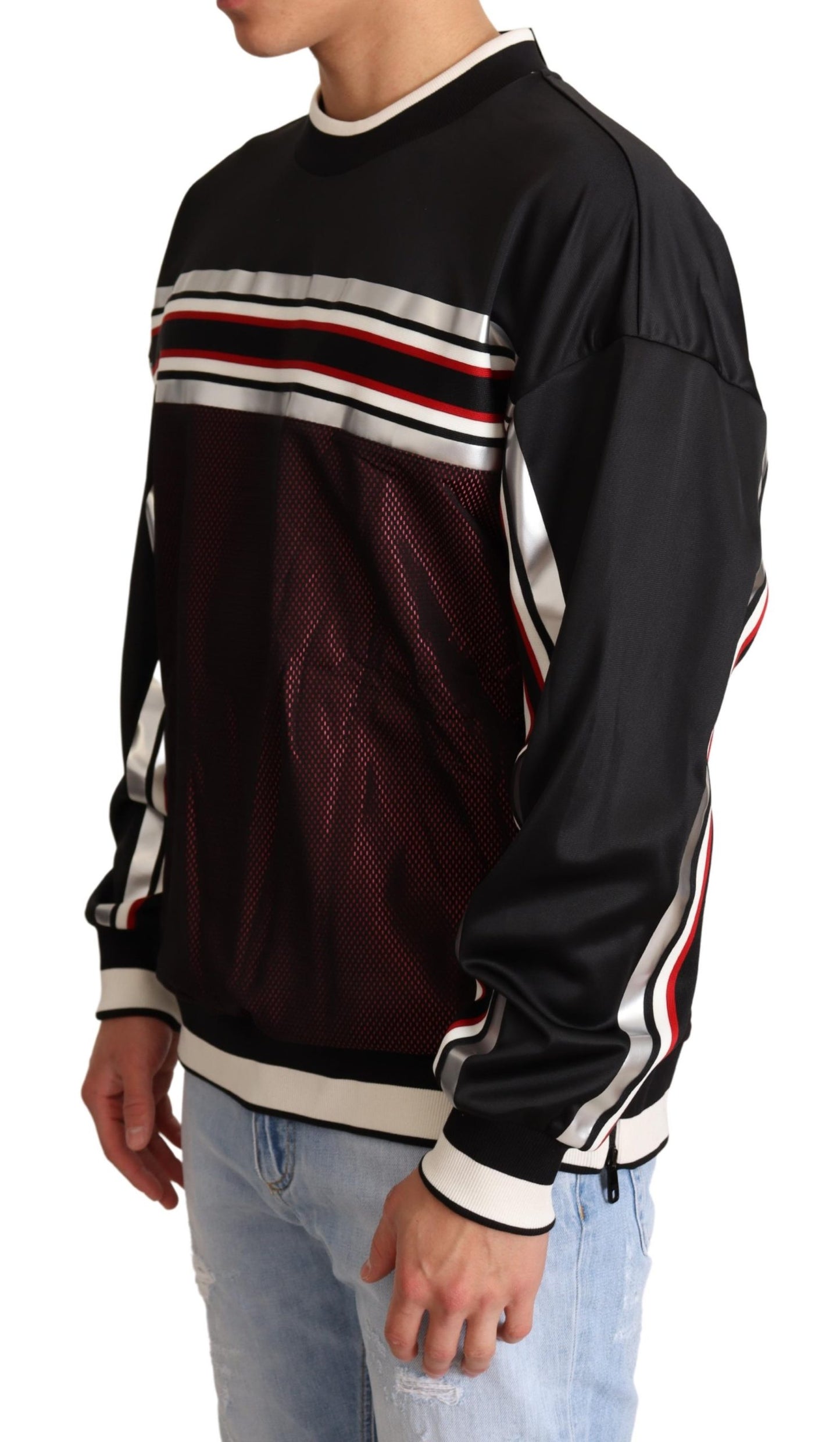 Schwarzer roter Mesh Sport Pullover mit Rundhalsausschnitt