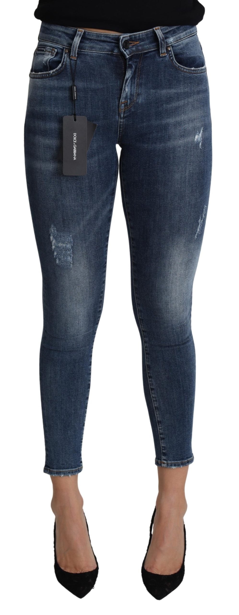 Blaue Baumwoll-Distressed-Cropped Slim Denim Jeans