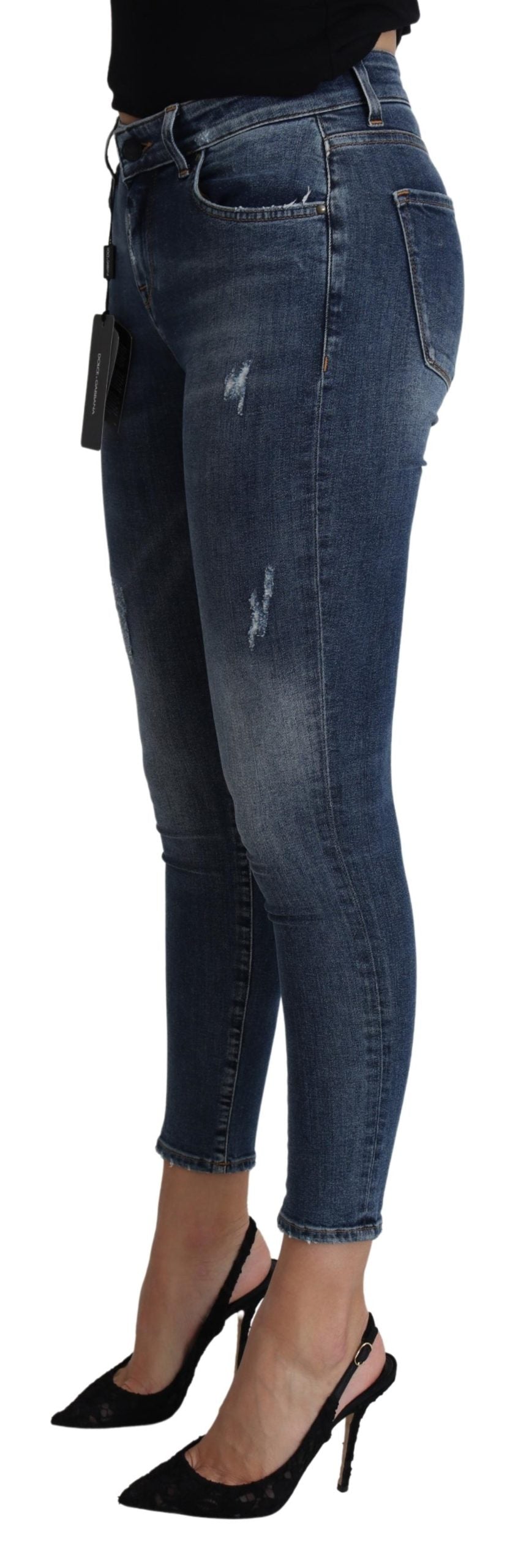 Blaue Baumwoll-Distressed-Cropped Slim Denim Jeans