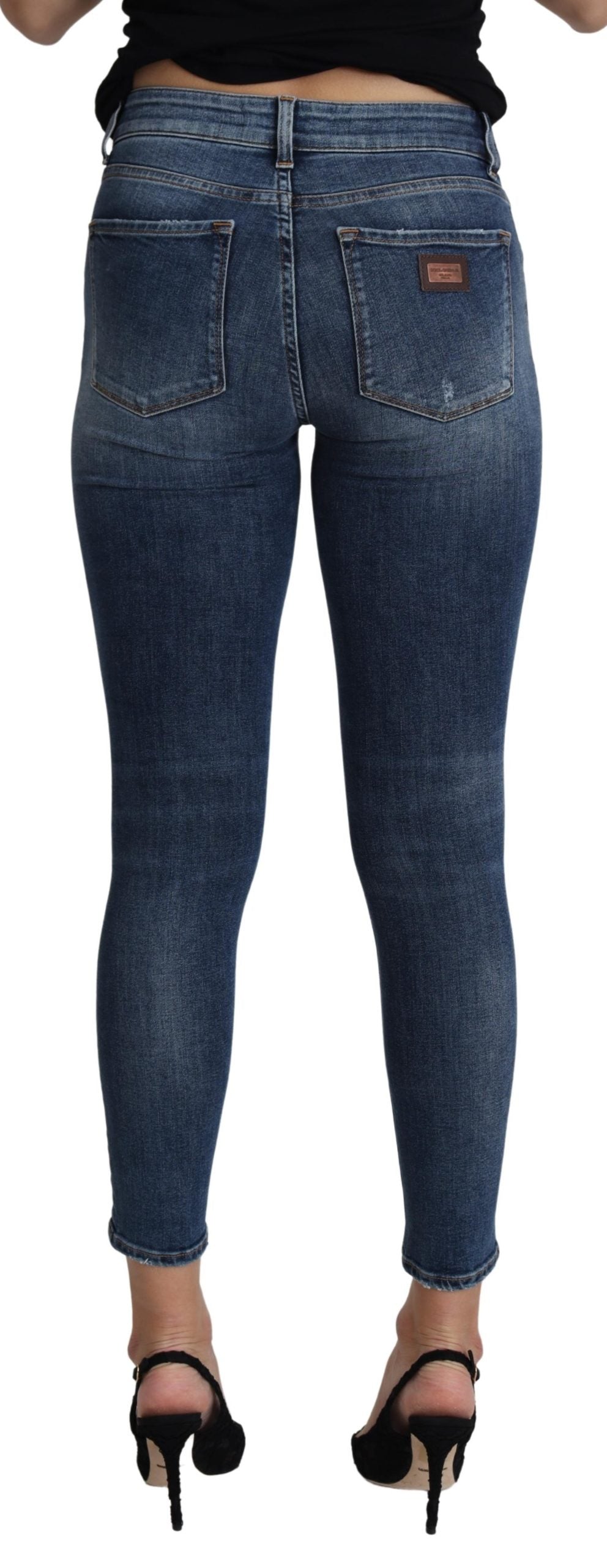 Blaue Baumwoll-Distressed-Cropped Slim Denim Jeans