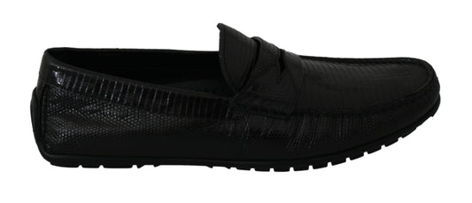 Schwarzes Eidechsenleder Flache Loafer Schuhe
