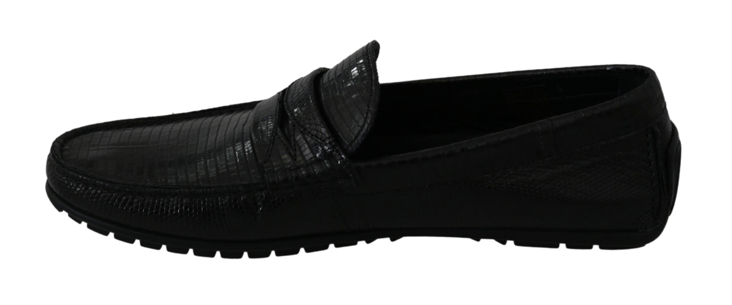 Schwarzes Eidechsenleder Flache Loafer Schuhe