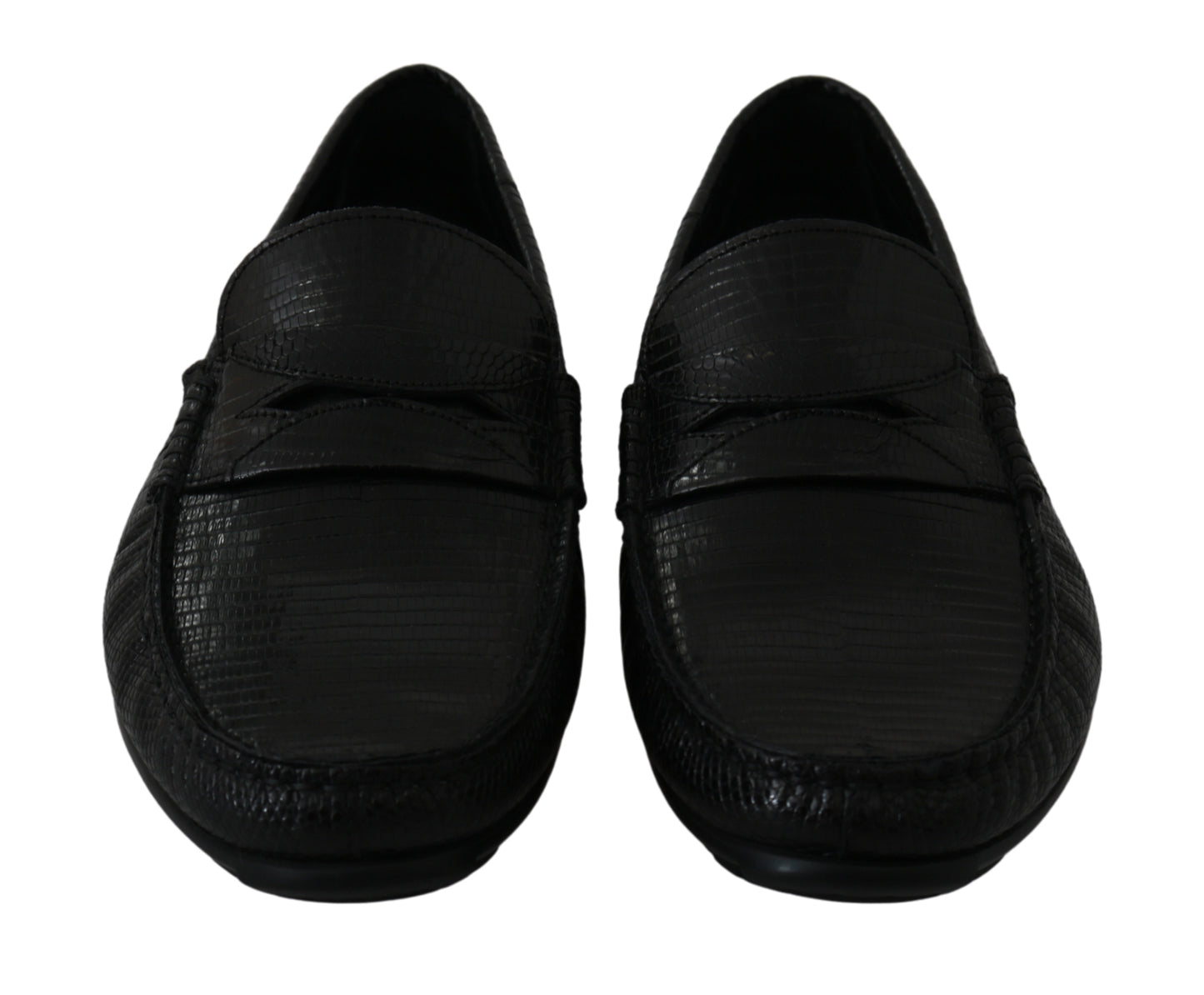 Schwarzes Eidechsenleder Flache Loafer Schuhe