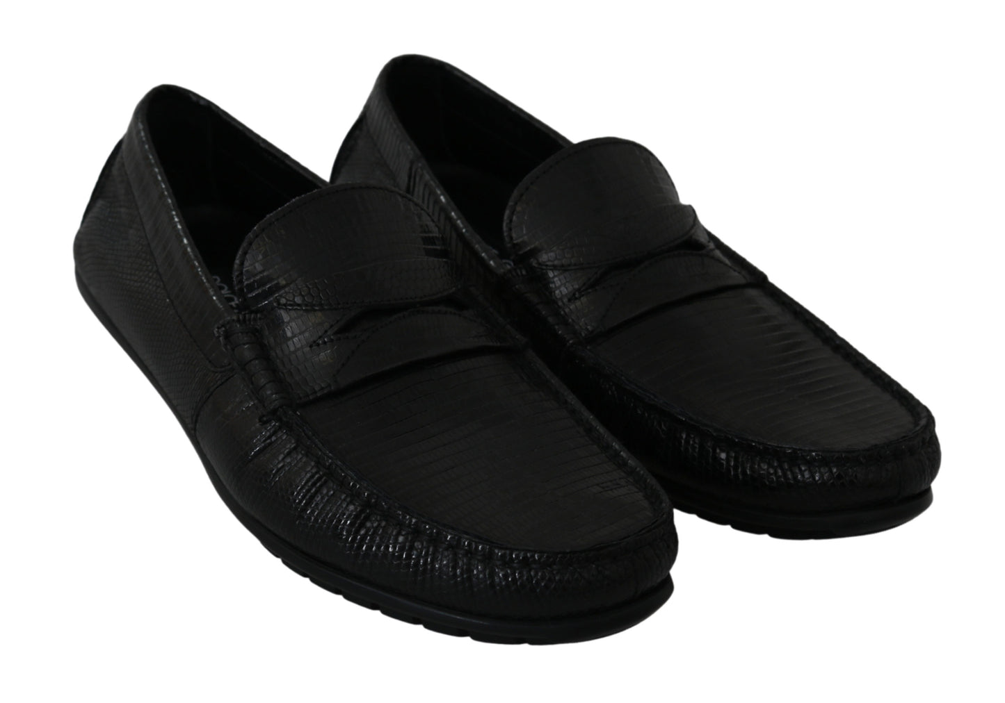 Schwarzes Eidechsenleder Flache Loafer Schuhe