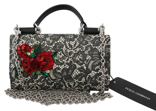 Schwarze Spitze Leder Kristall Rosen Sicily Von Geldbeutel Tasche