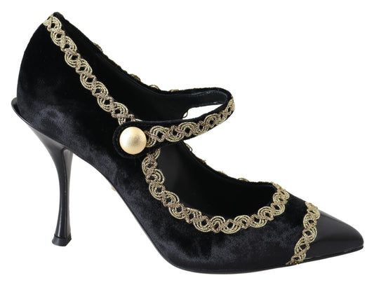 Schwarzer Samt Gold Mary Janes Pumps