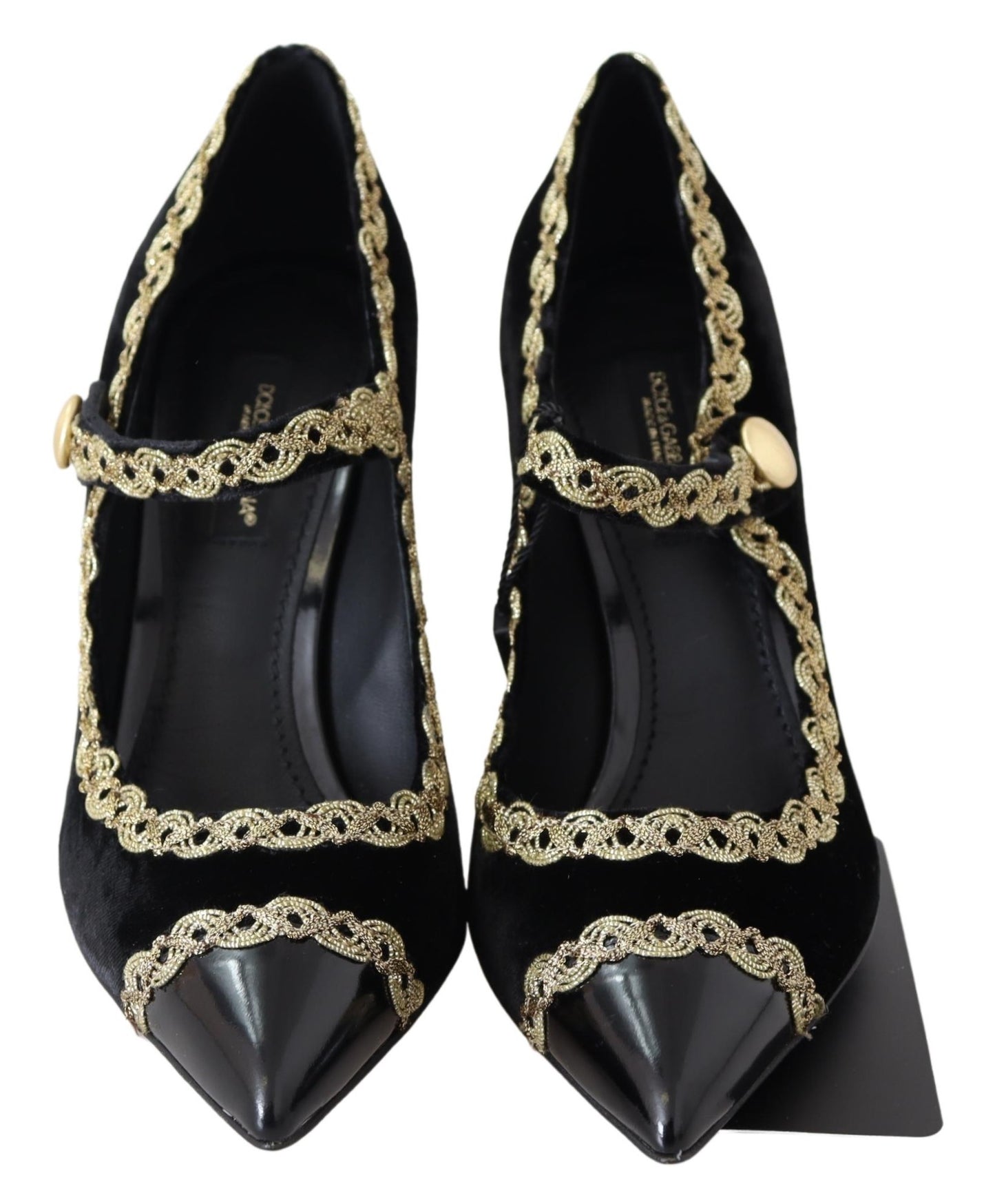 Schwarzer Samt Gold Mary Janes Pumps