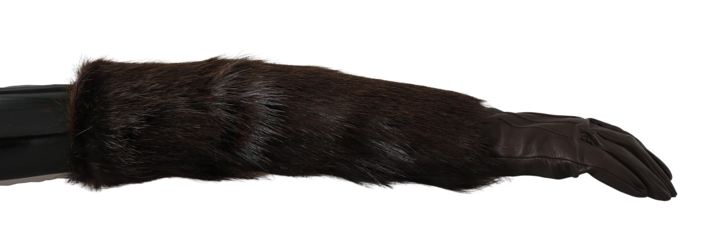 Braun Ellenbogenlänge Fäustlinge Leder Pelz Handschuhe
