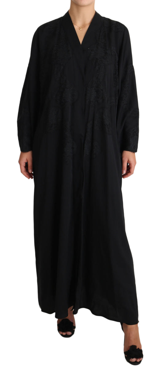 Schwarzer Spitzen-Seiden-Kaftan Abaya Cape-Kleid