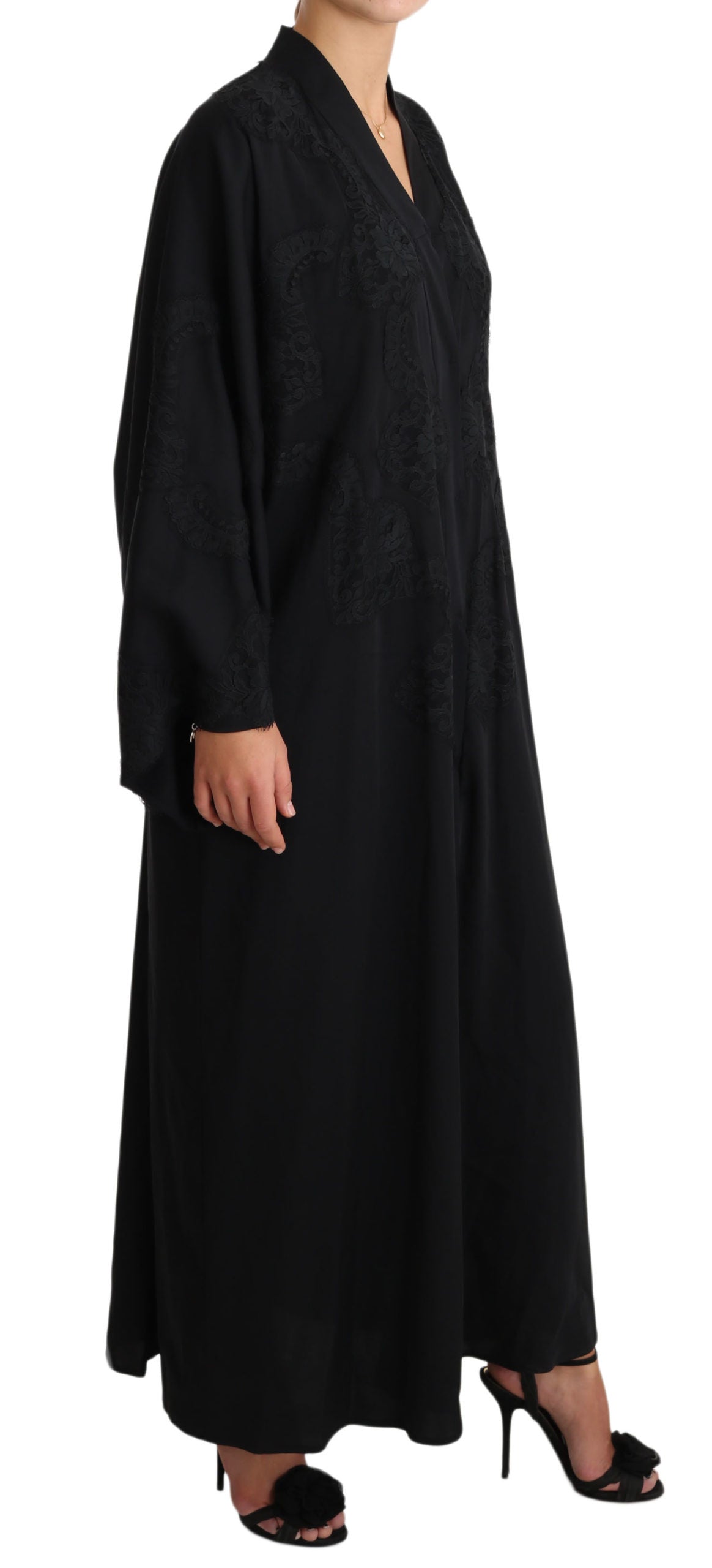 Schwarzer Spitzen-Seiden-Kaftan Abaya Cape-Kleid