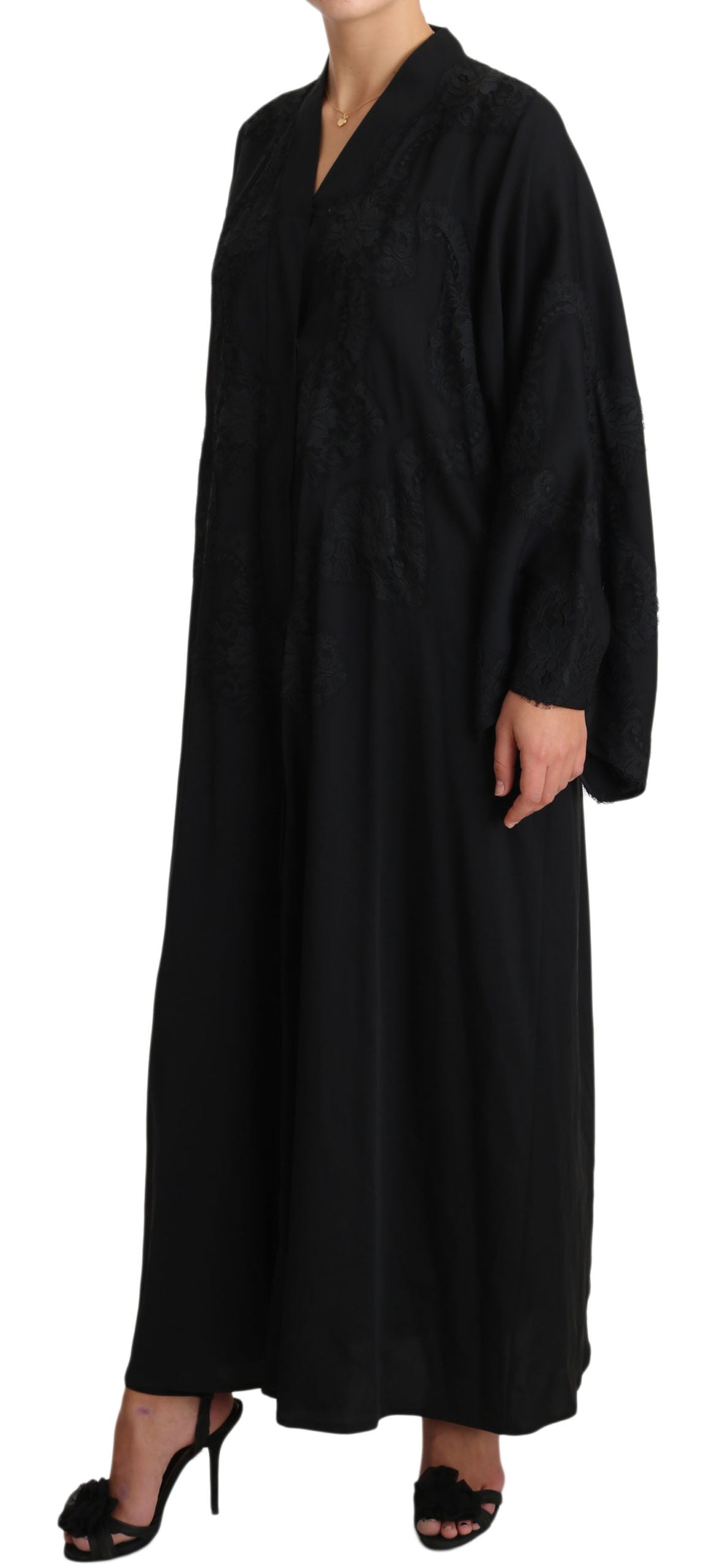 Schwarzer Spitzen-Seiden-Kaftan Abaya Cape-Kleid