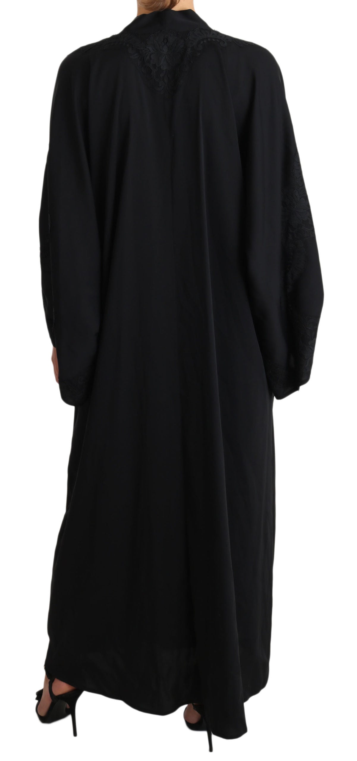 Schwarzer Spitzen-Seiden-Kaftan Abaya Cape-Kleid