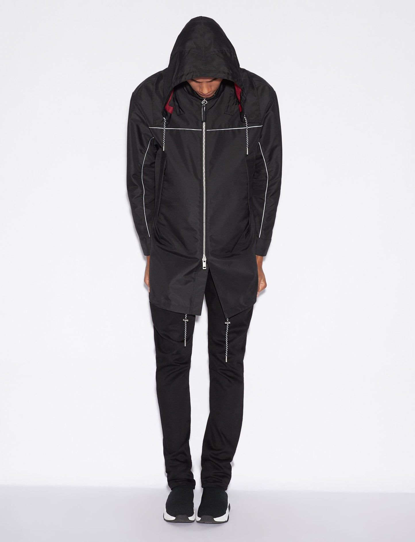 Schwarzer Polyester Trenchcoat mit Kapuze