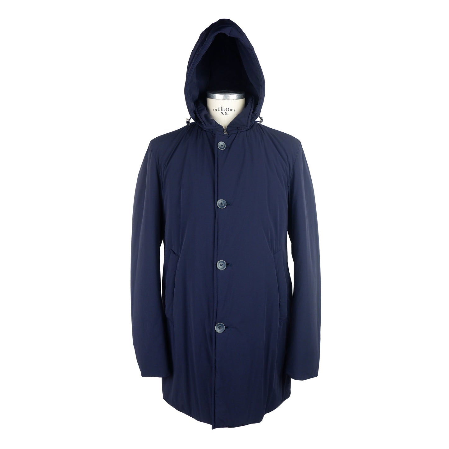 Blaue Polyamid Daunenjacke mit Kapuze Mantel