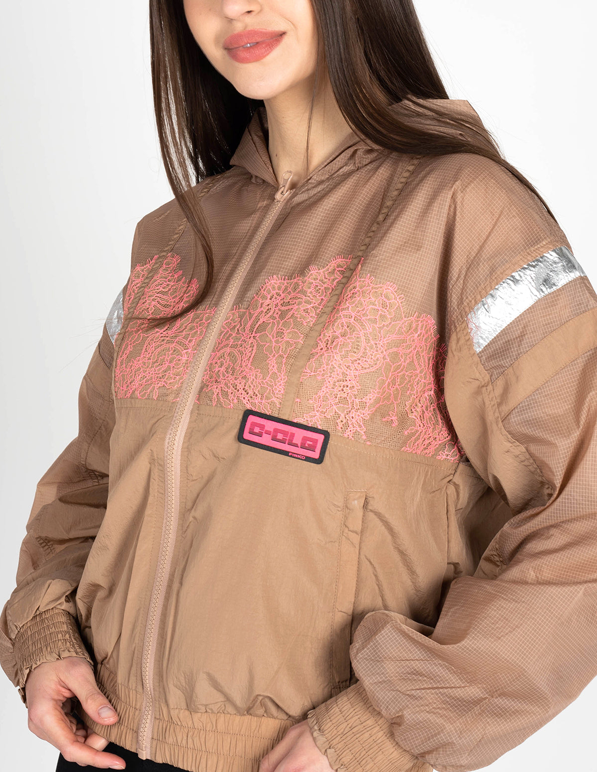 Beige Nylon Wasserdichte Jacke mit Kapuze