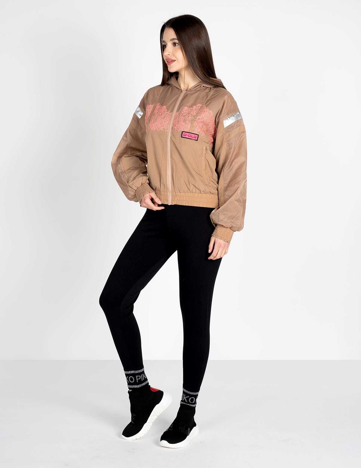 Beige Nylon Wasserdichte Jacke mit Kapuze