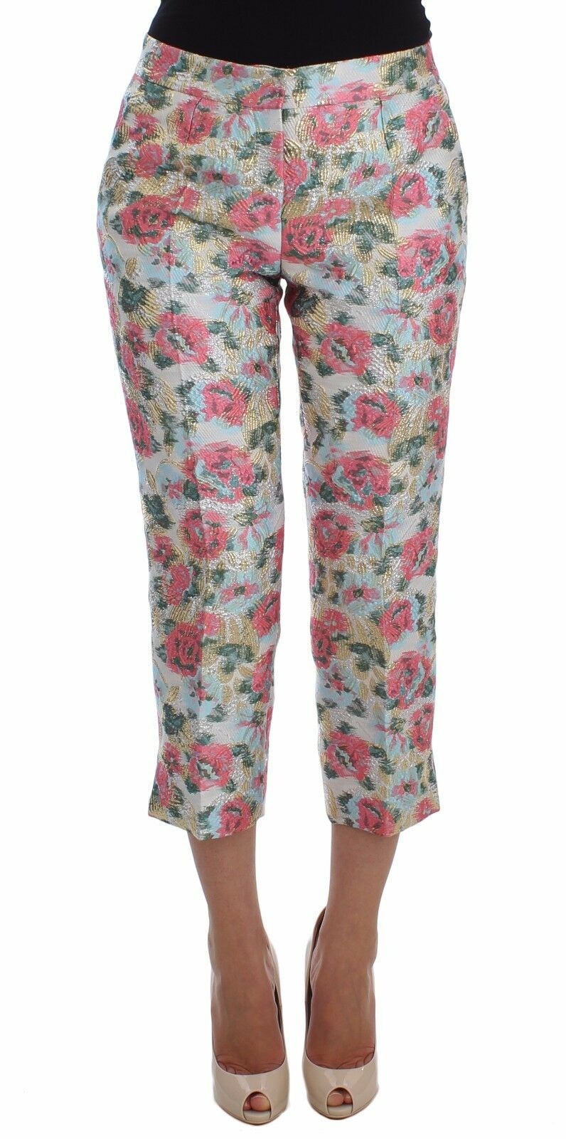 Weiß-rosa geblümte Brokat-Hose