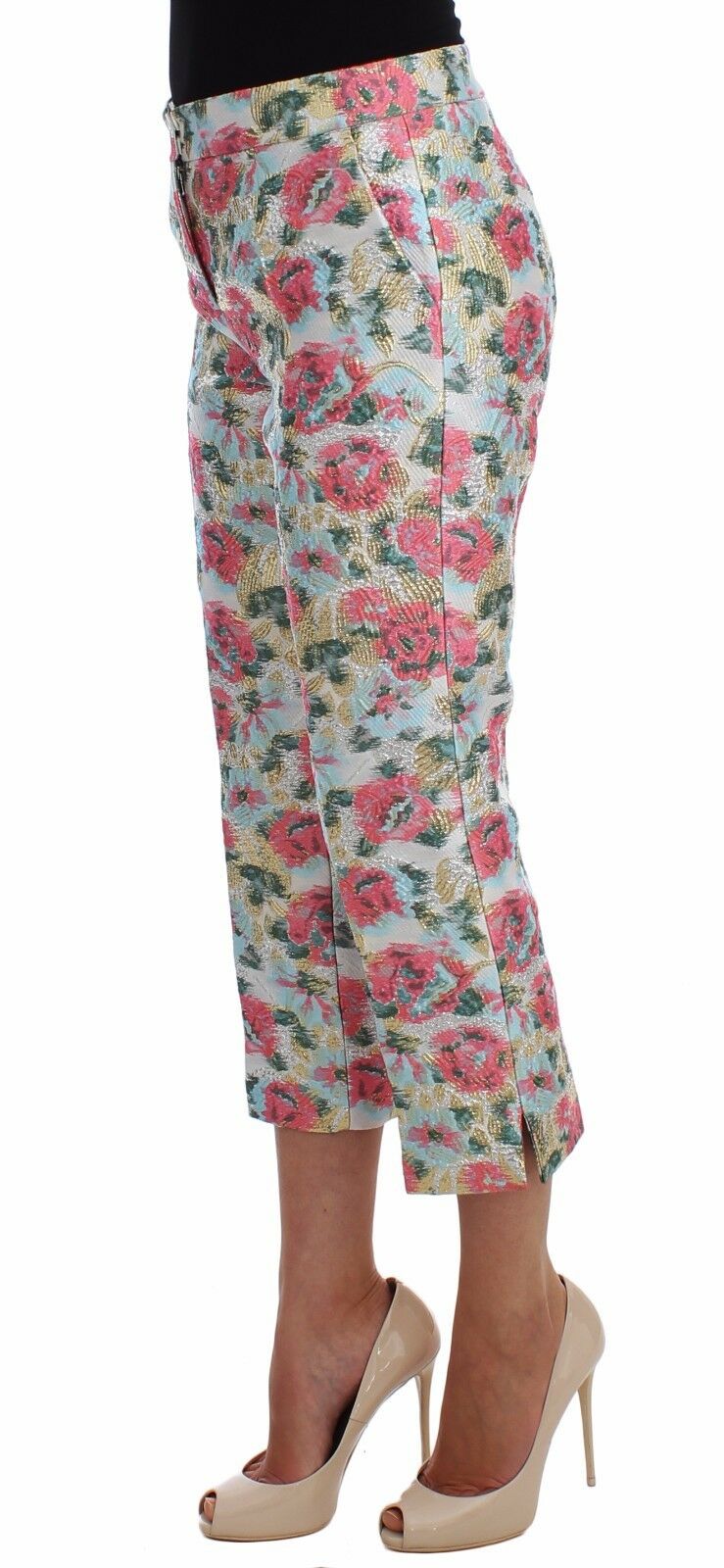 Weiß-rosa geblümte Brokat-Hose