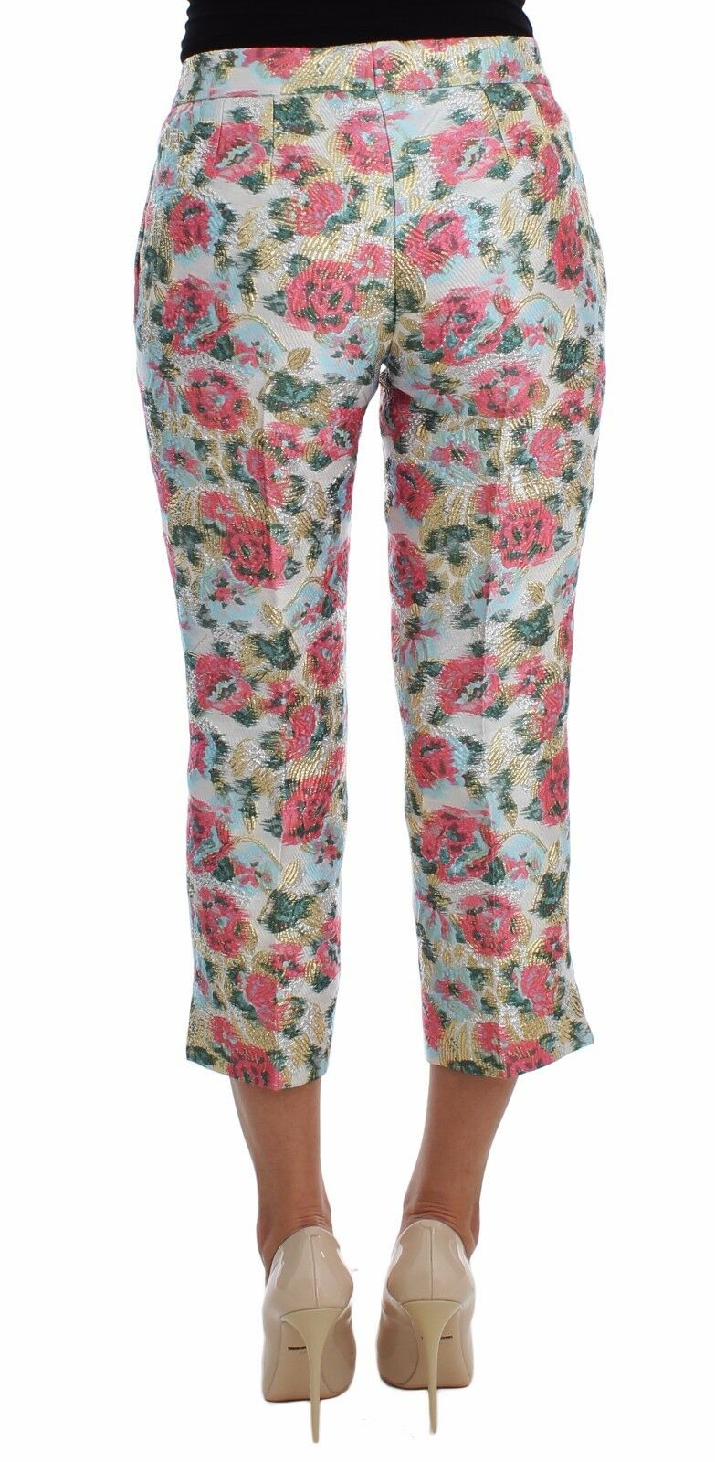 Weiß-rosa geblümte Brokat-Hose