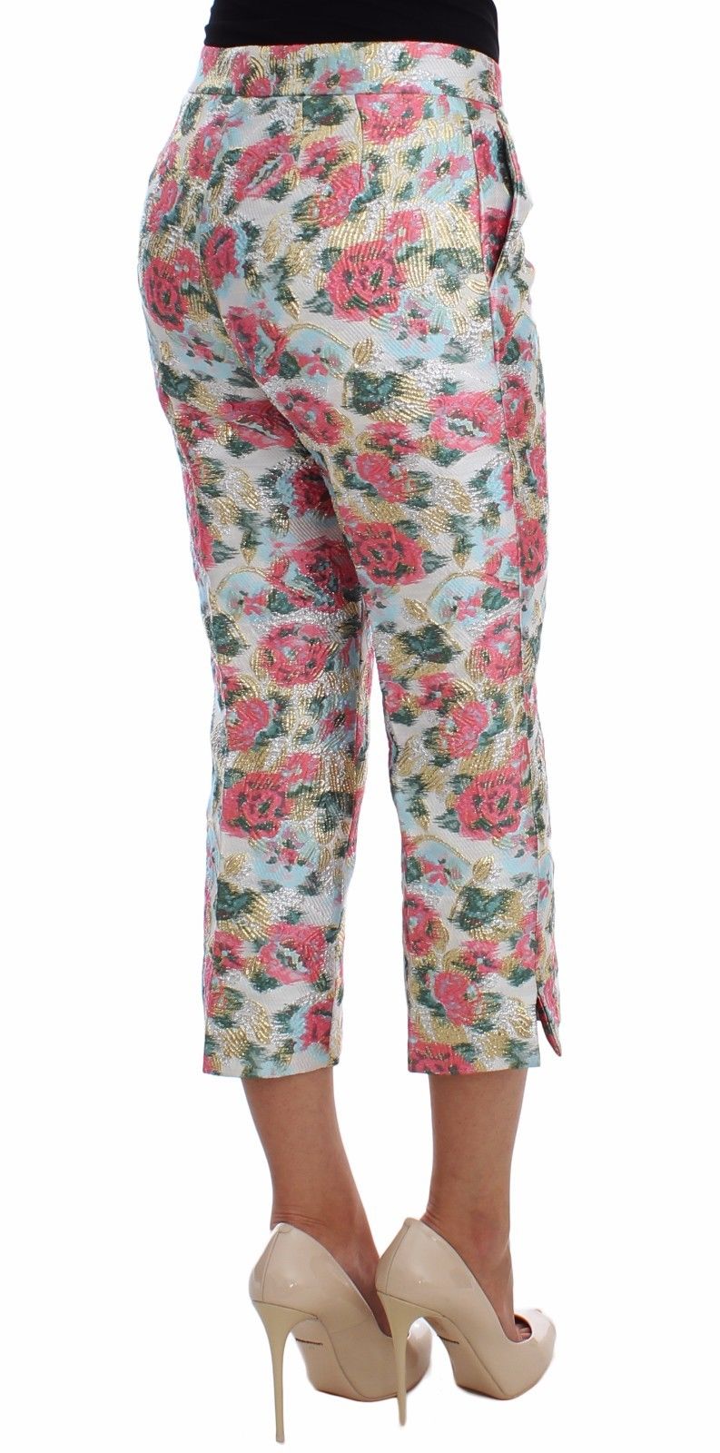 Weiß-rosa geblümte Brokat-Hose