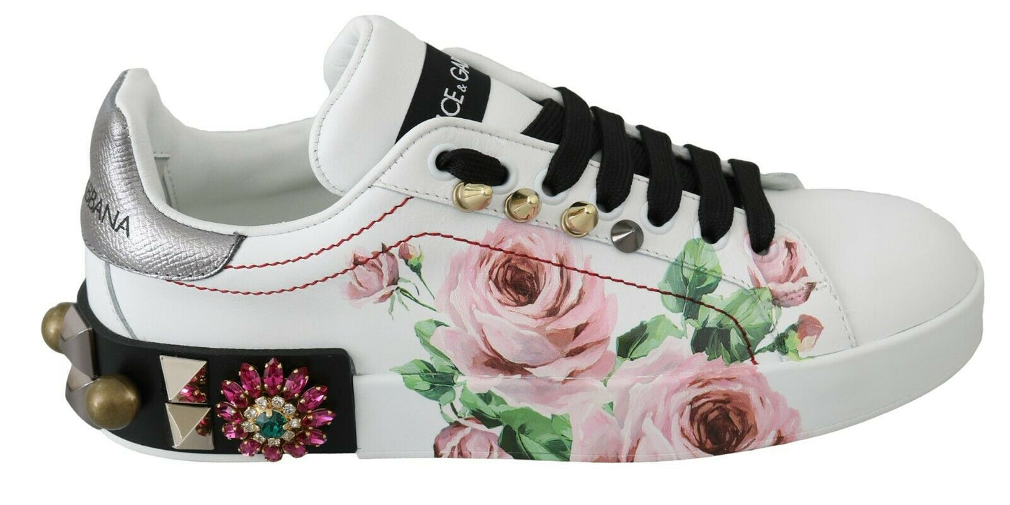 Weißes Leder Kristall Rosen Floral Turnschuhe Schuhe