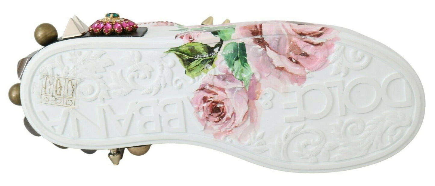 Weißes Leder Kristall Rosen Floral Turnschuhe Schuhe