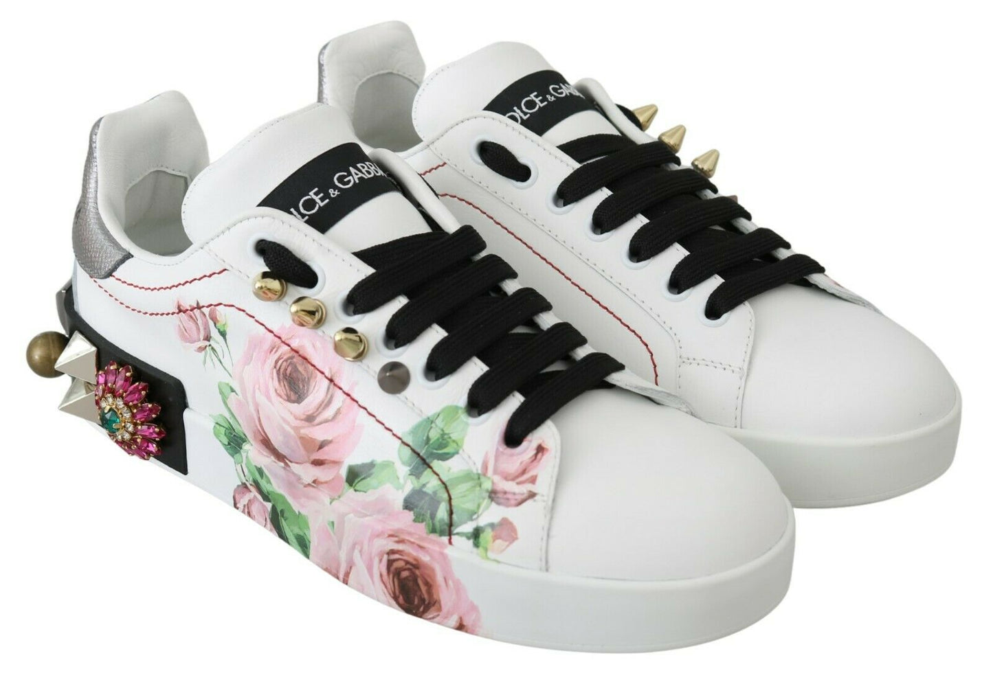 Weißes Leder Kristall Rosen Floral Turnschuhe Schuhe