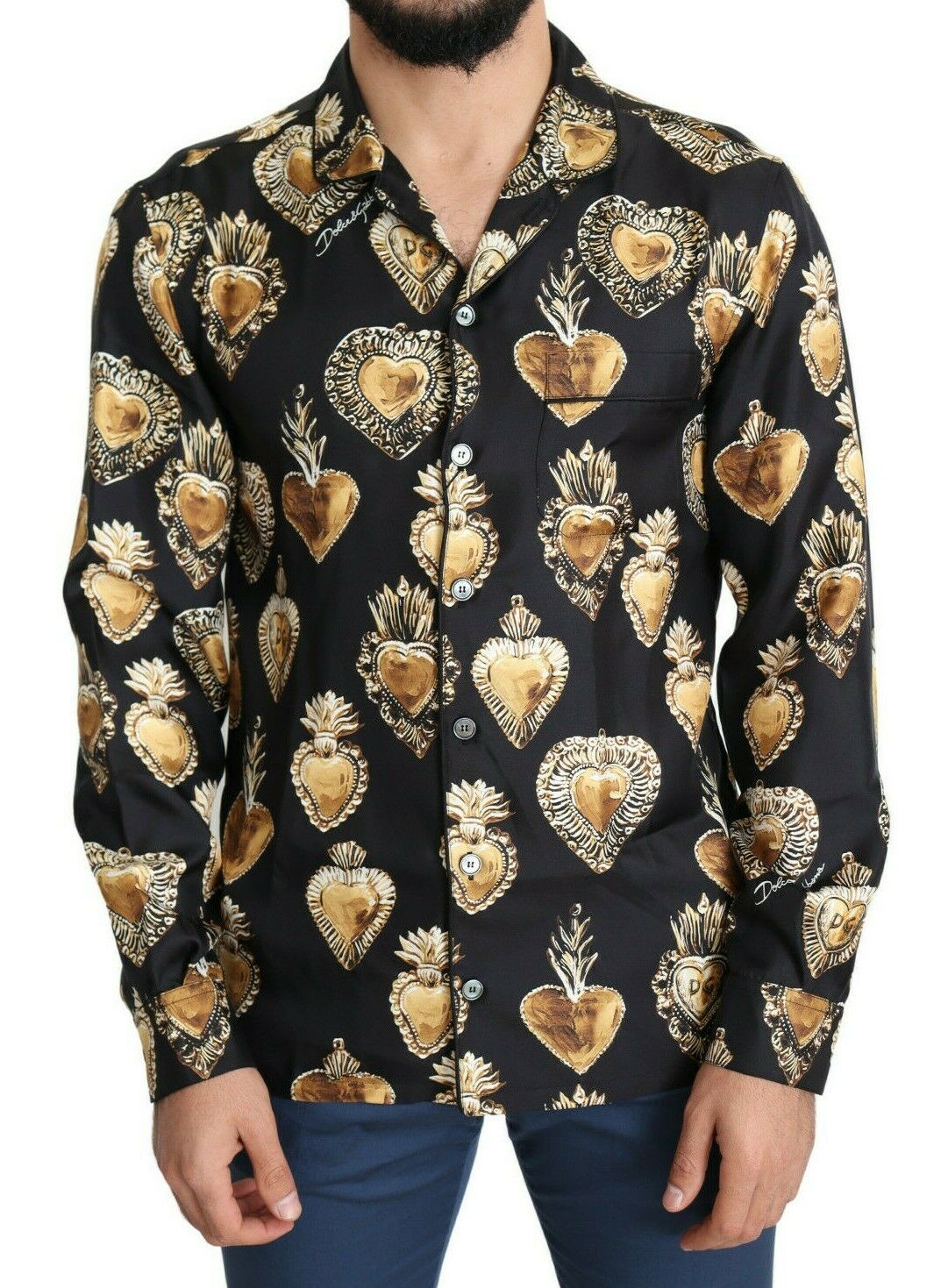 Schwarzes Seidenhemd mit Sacred Heart Druck