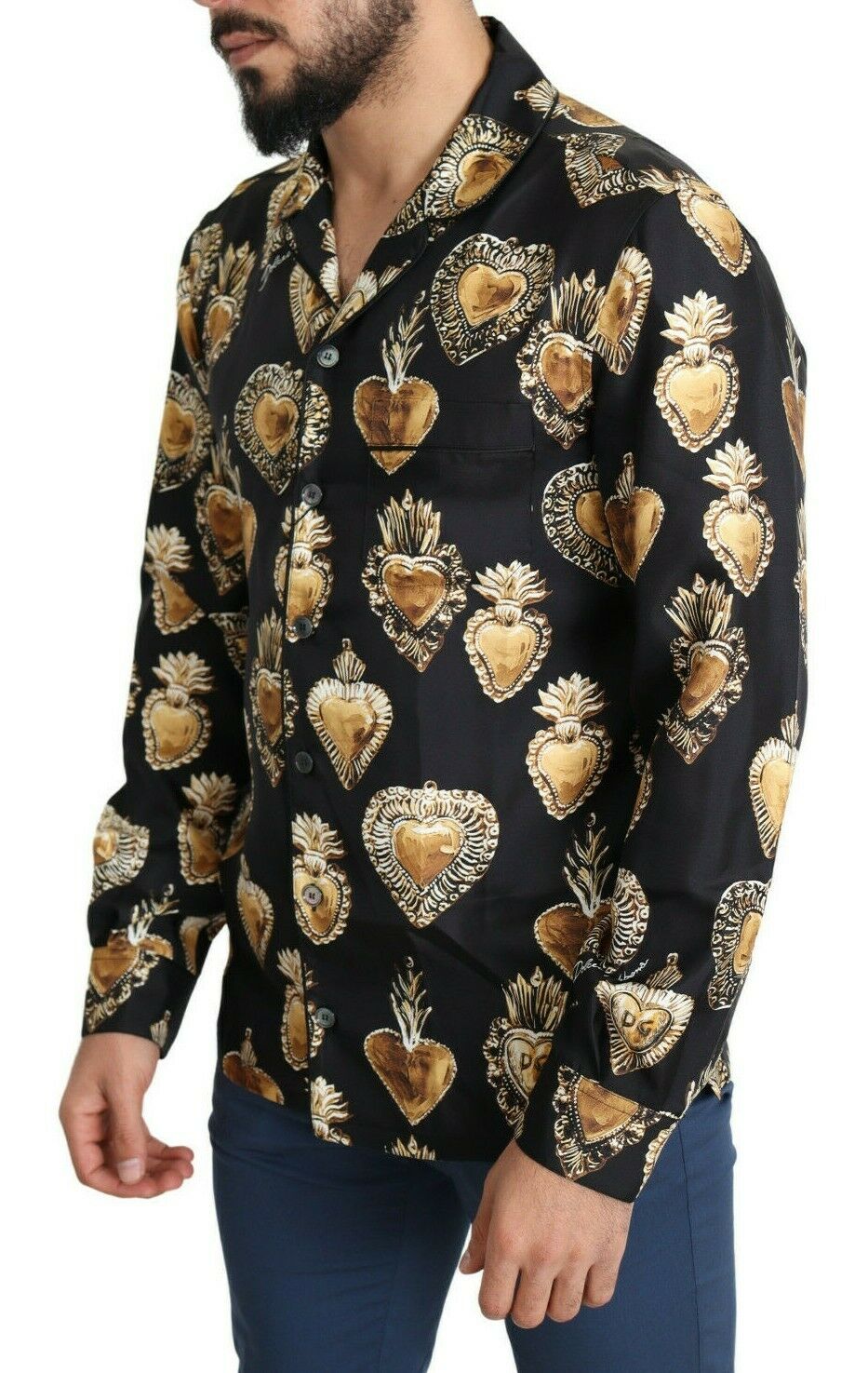 Schwarzes Seidenhemd mit Sacred Heart Druck