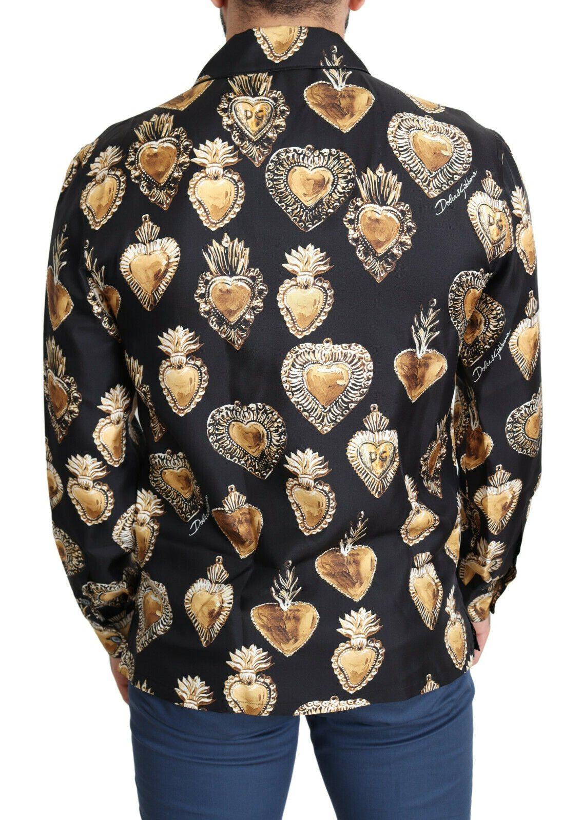 Schwarzes Seidenhemd mit Sacred Heart Druck