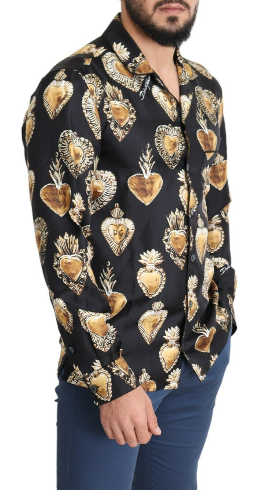 Schwarzes Seidenhemd mit Sacred Heart Druck