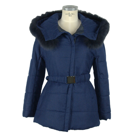 Blaue Jacke mit Kapuze aus Wolle und Pelz Mantel