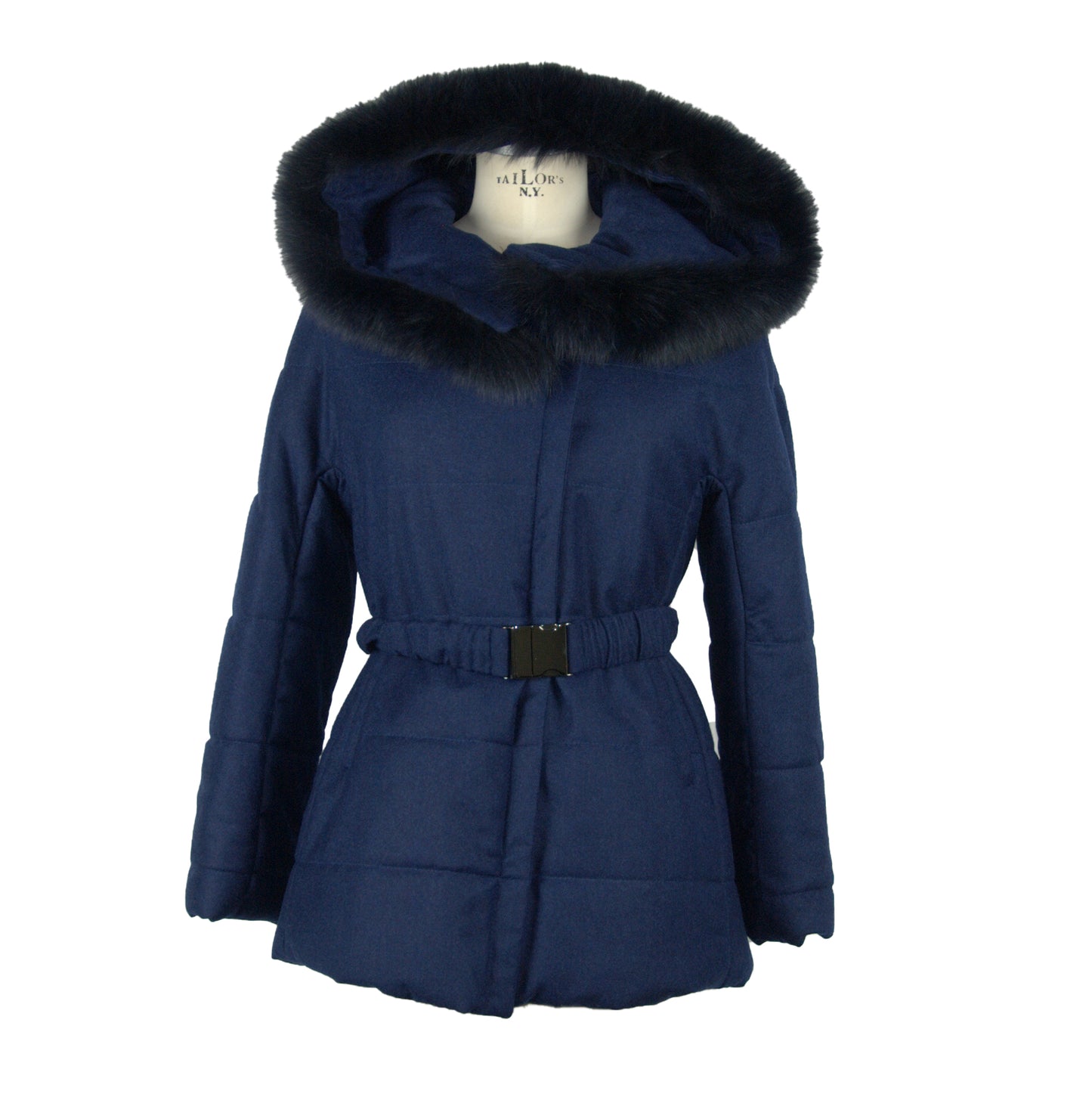 Blaue Jacke mit Kapuze aus Wolle und Pelz Mantel