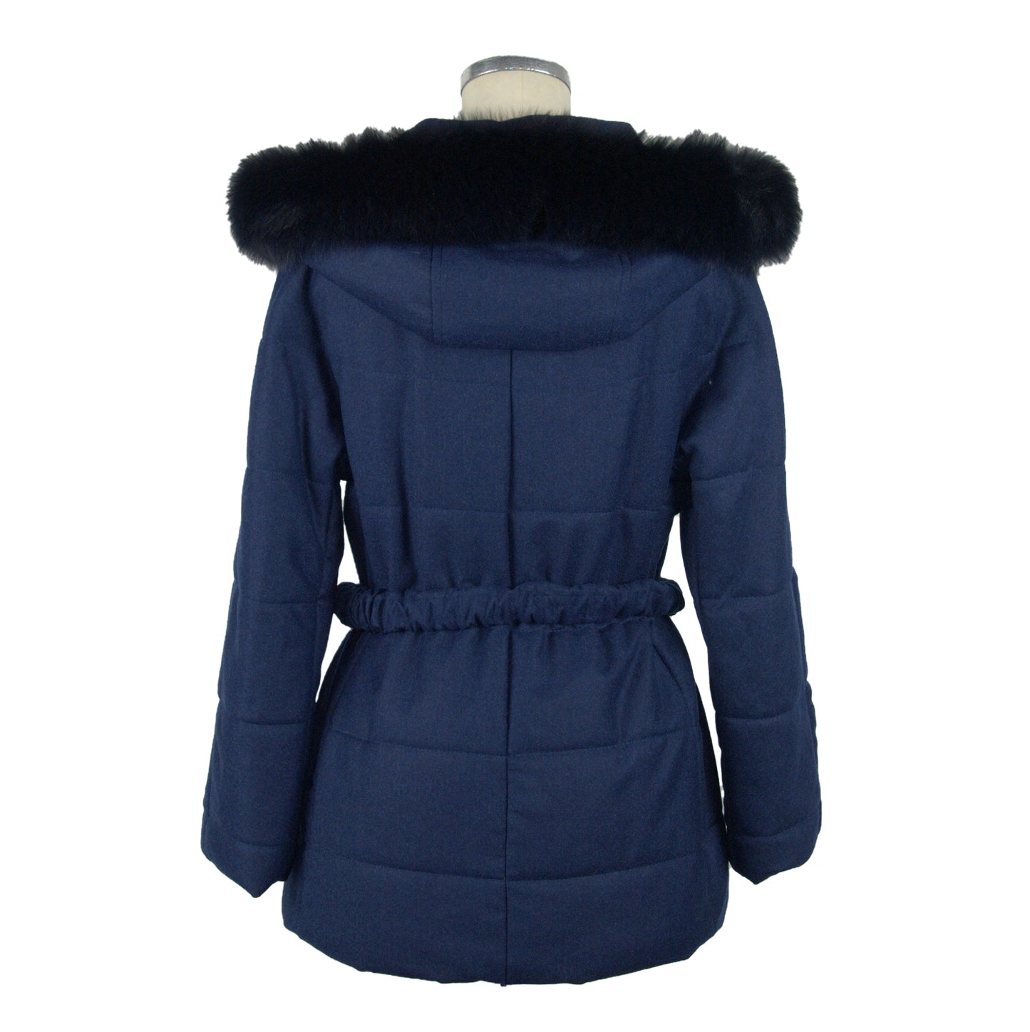 Blaue Jacke mit Kapuze aus Wolle und Pelz Mantel