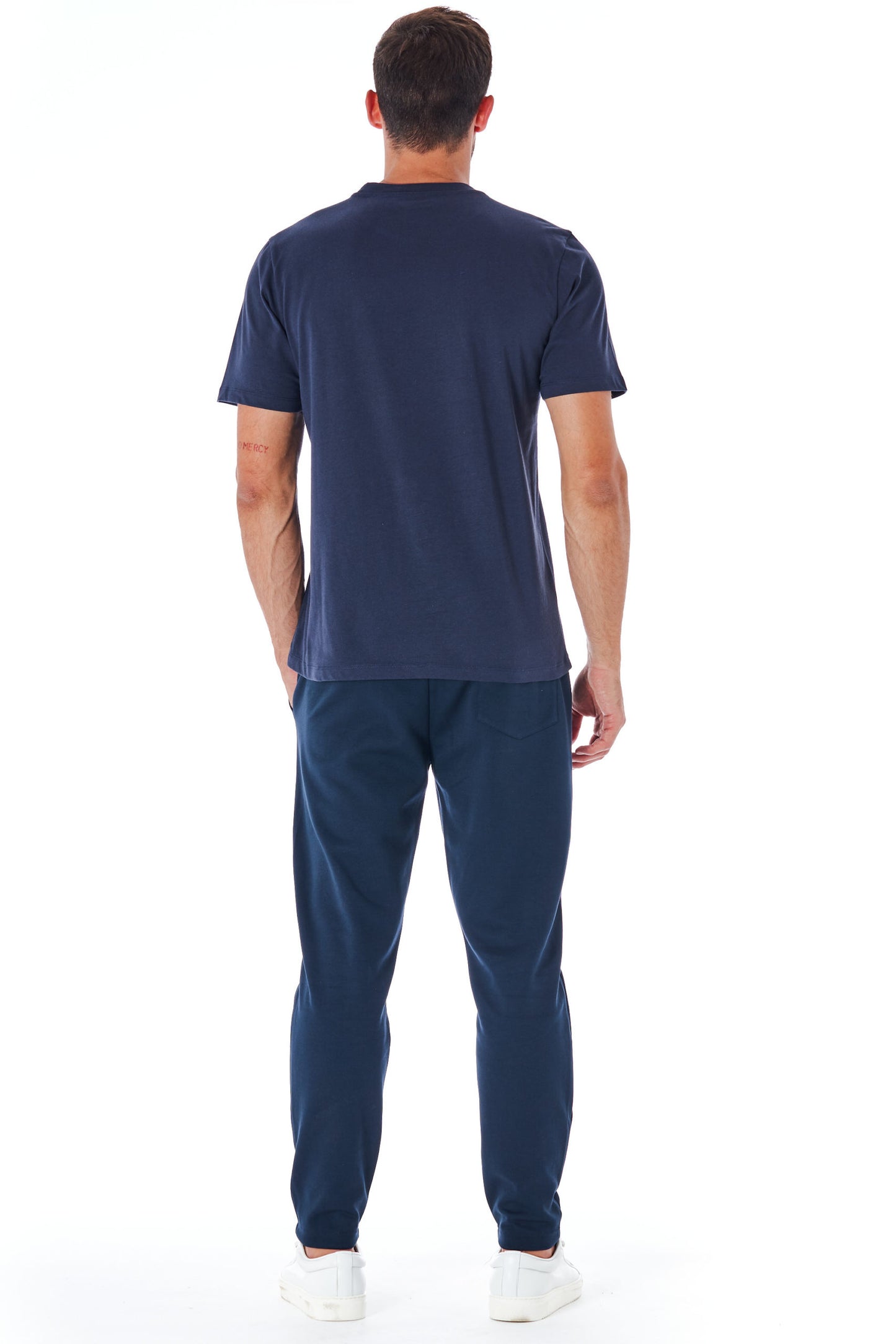 Blaues Baumwoll-T-Shirt mit kurzen Ärmeln und Logo vorne