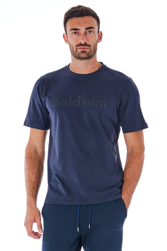 Blaues Baumwoll-T-Shirt mit kurzen Ärmeln und Logo vorne