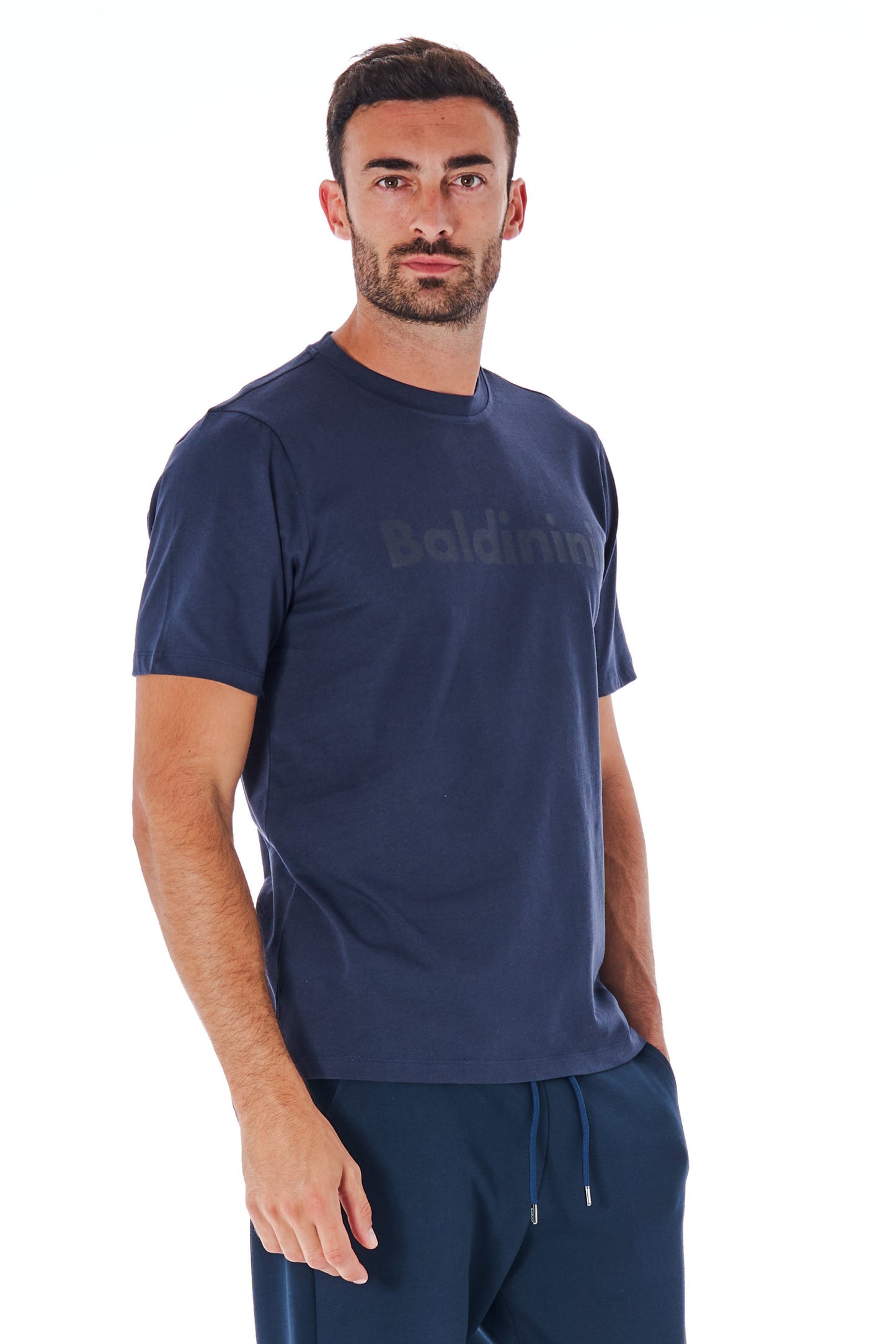 Blaues Baumwoll-T-Shirt mit kurzen Ärmeln und Logo vorne