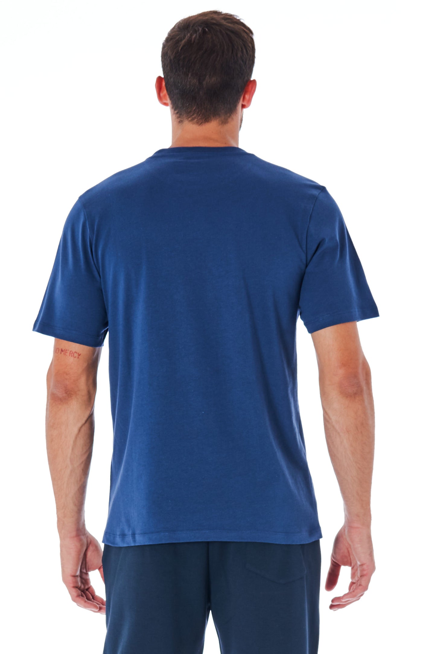 Blaues Baumwoll-T-Shirt mit kurzen Ärmeln und Logo vorne