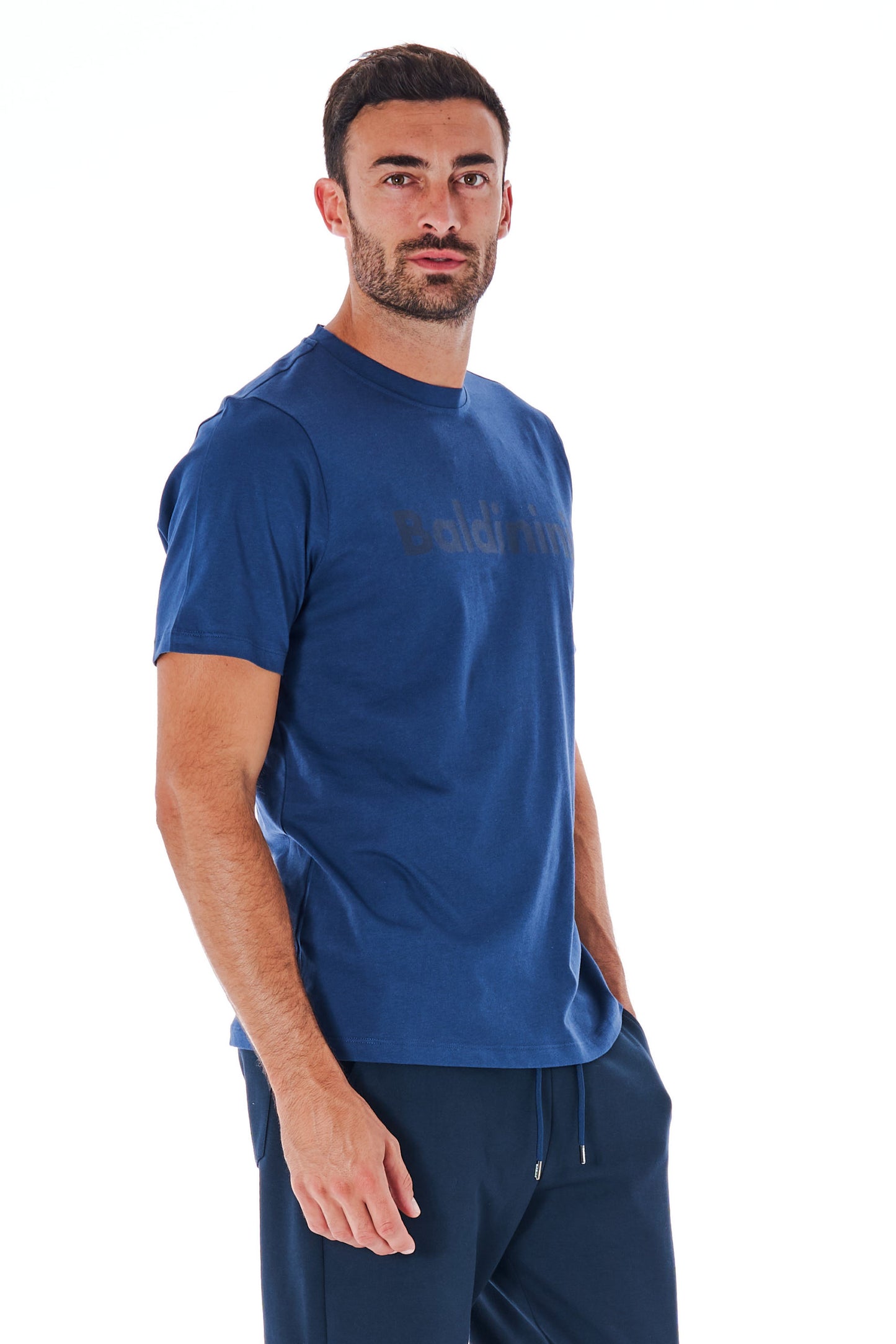 Blaues Baumwoll-T-Shirt mit kurzen Ärmeln und Logo vorne