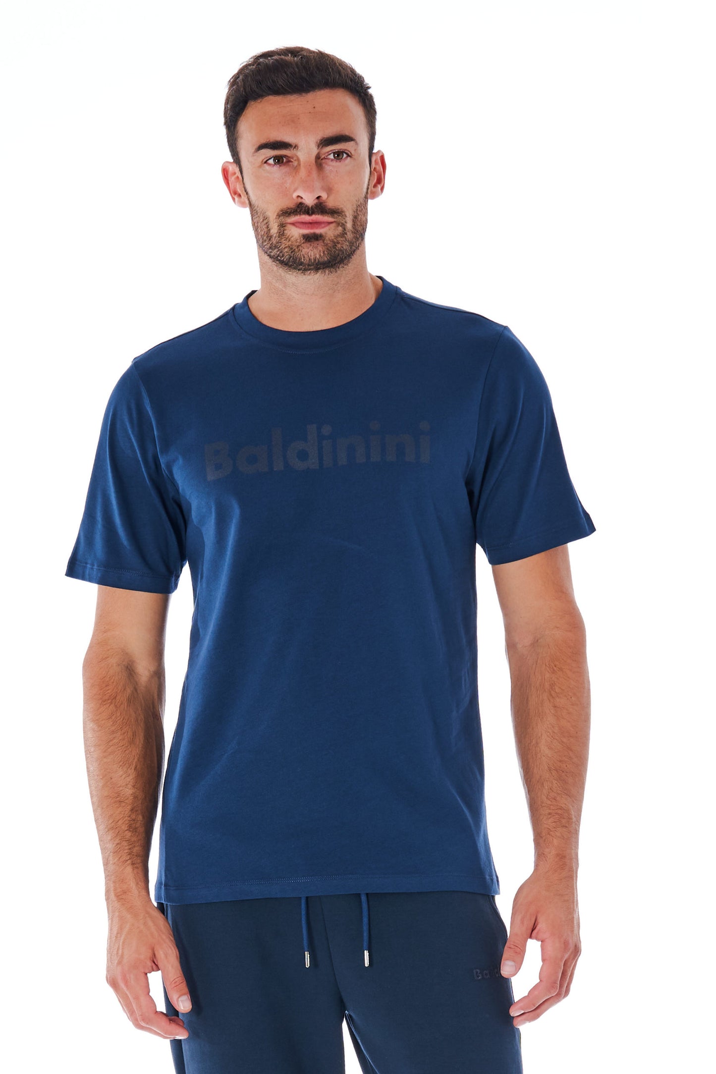 Dunkelblaues Baumwoll-T-Shirt mit kurzen Ärmeln und Logo vorne