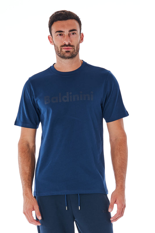 Dunkelblaues Baumwoll-T-Shirt mit kurzen Ärmeln und Logo vorne