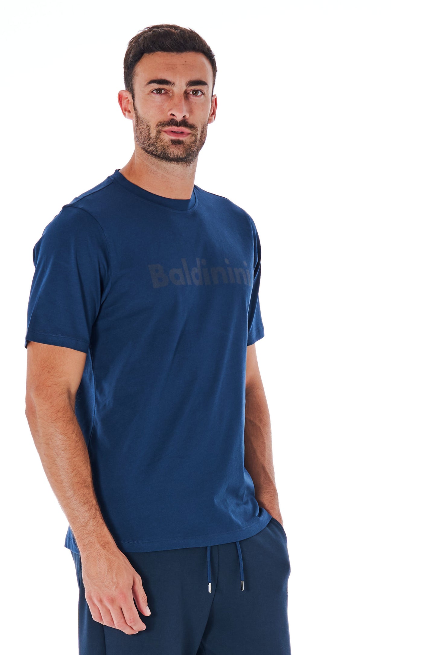 Dunkelblaues Baumwoll-T-Shirt mit kurzen Ärmeln und Logo vorne