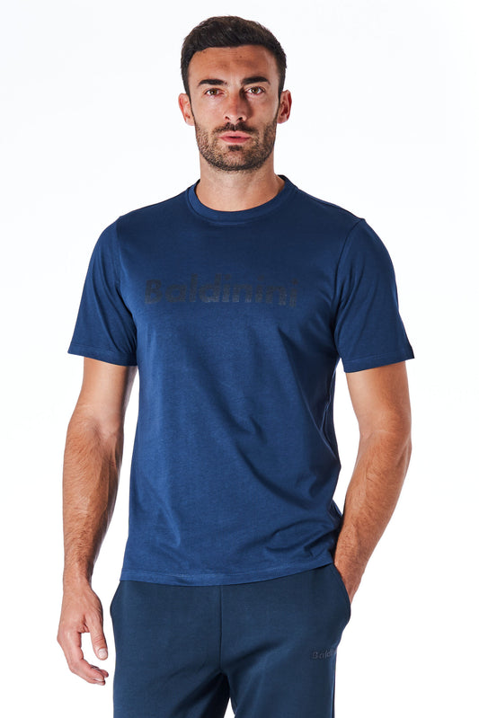 Blaues Baumwoll-T-Shirt mit kurzen Ärmeln und Logo vorne