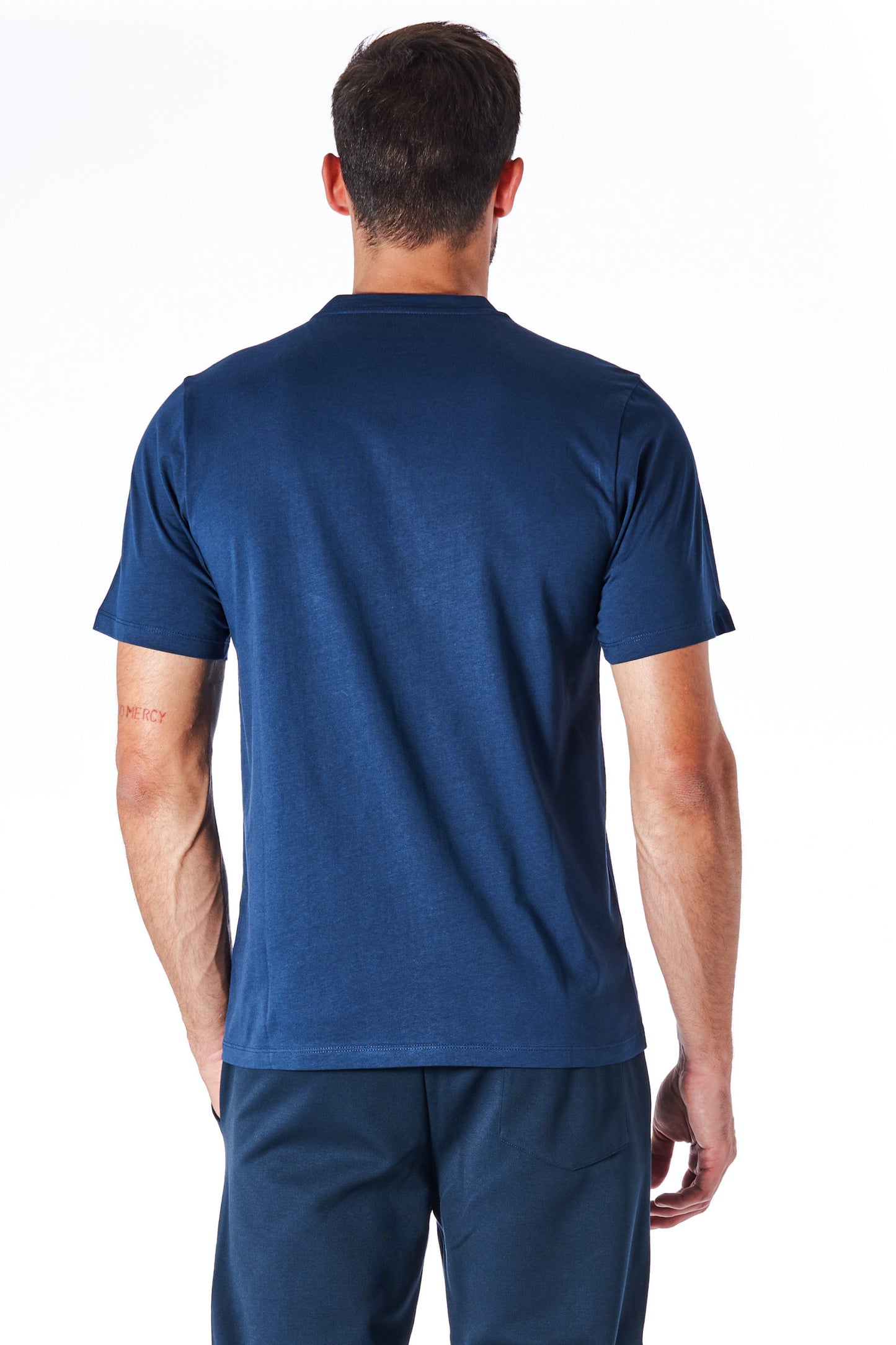 Blaues Baumwoll-T-Shirt mit kurzen Ärmeln und Logo vorne