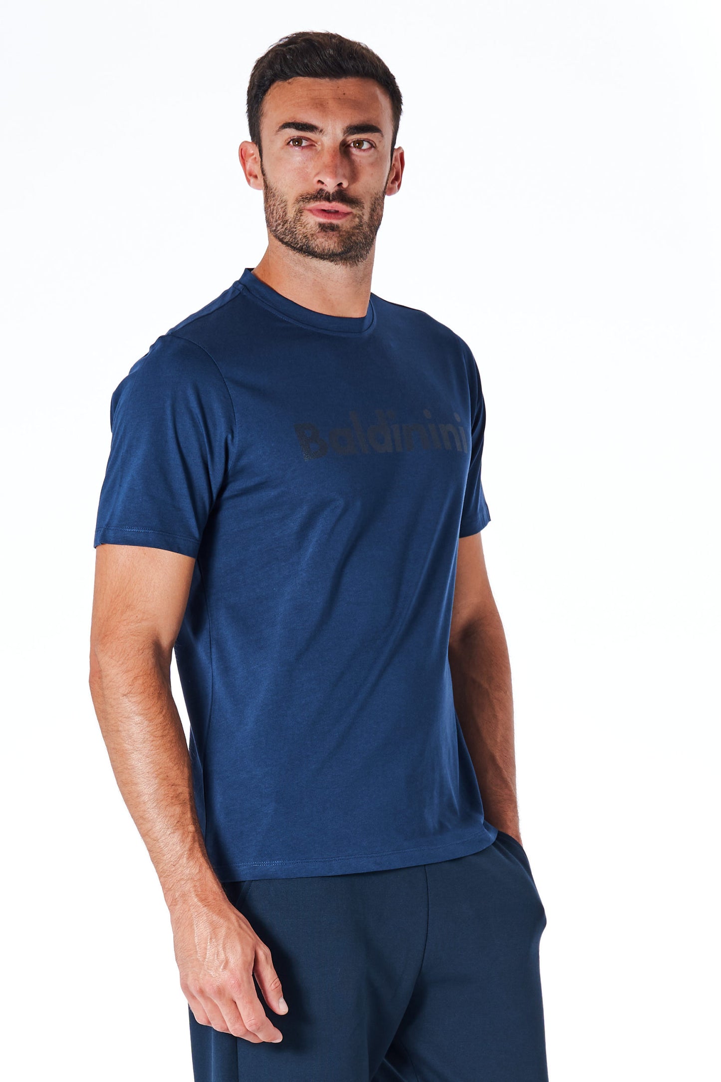 Blaues Baumwoll-T-Shirt mit kurzen Ärmeln und Logo vorne