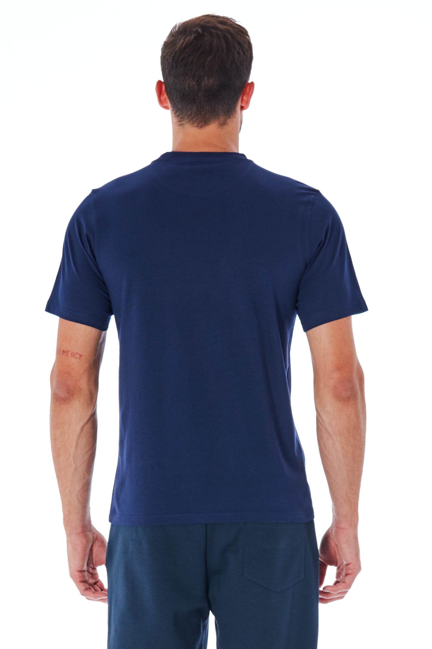 Blaues Baumwoll-T-Shirt mit kurzen Ärmeln und Logo vorne